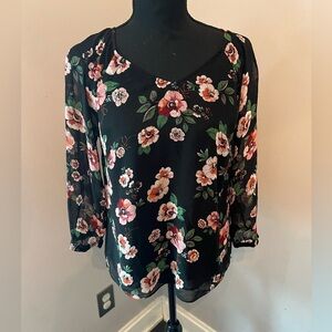 Cabi Garden Blouse Black Layered Sheer Floral Print Top Size XS #3595